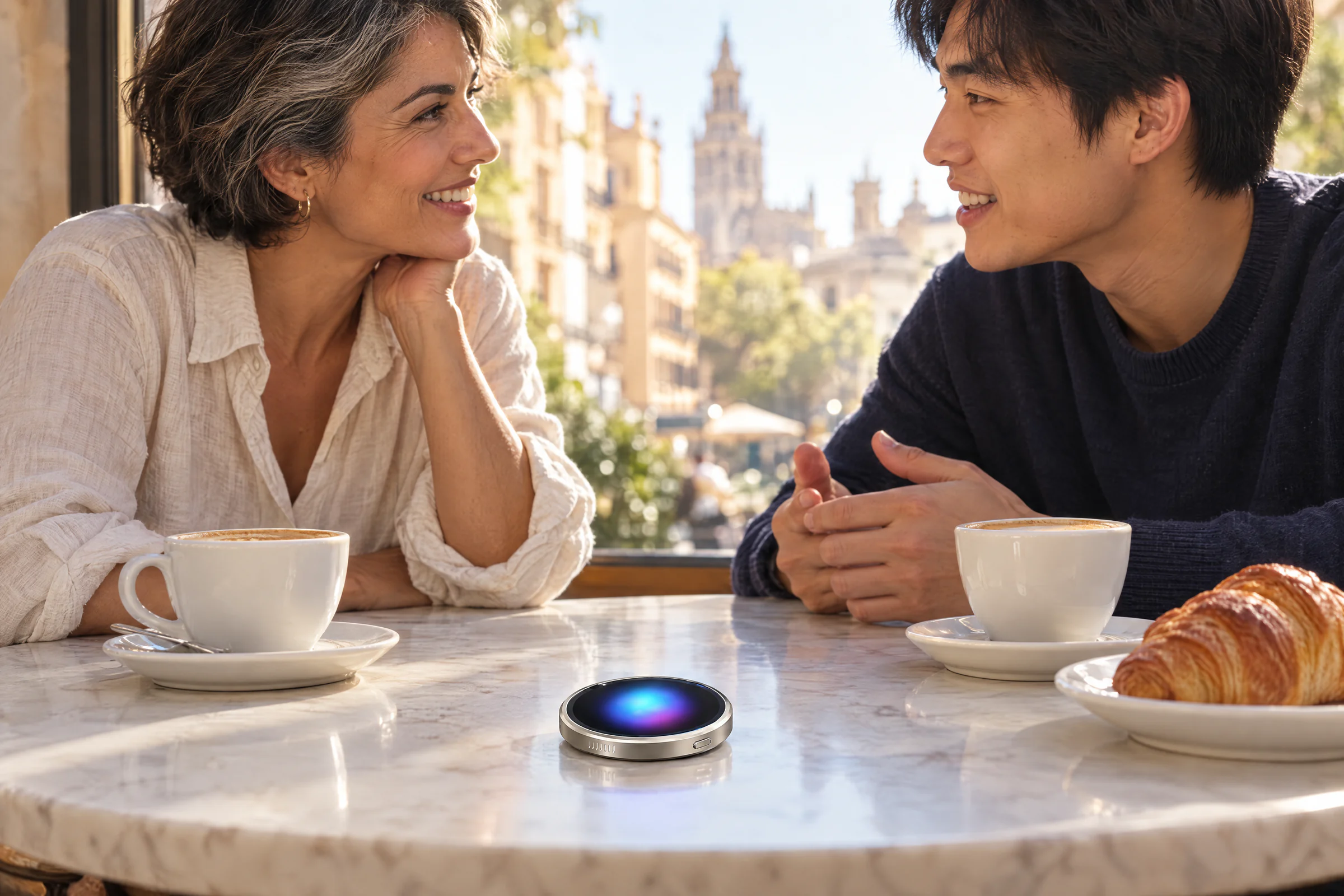 Two people talking across a cafe table, with metaterrAI One between them