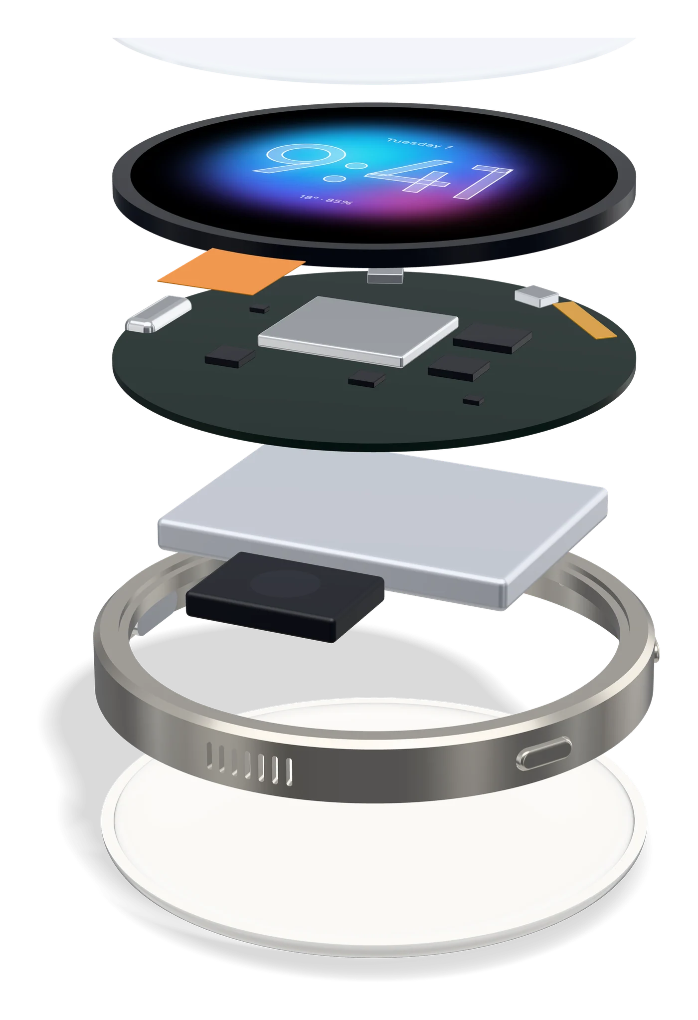 metaterrAI One taken apart into its layers: cover glass, display, main board, battery and speaker, titanium band and ceramic back