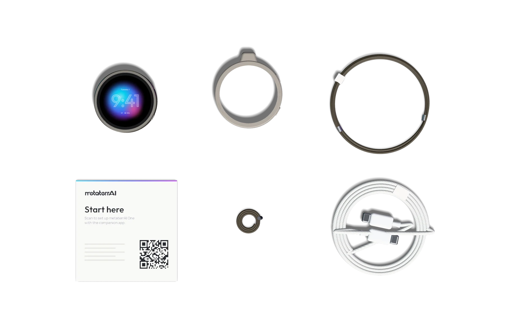 Everything in the box, laid out: metaterrAI One, the pendant case, the neck cord, the charm loop, the USB-C cable and the quick-start card