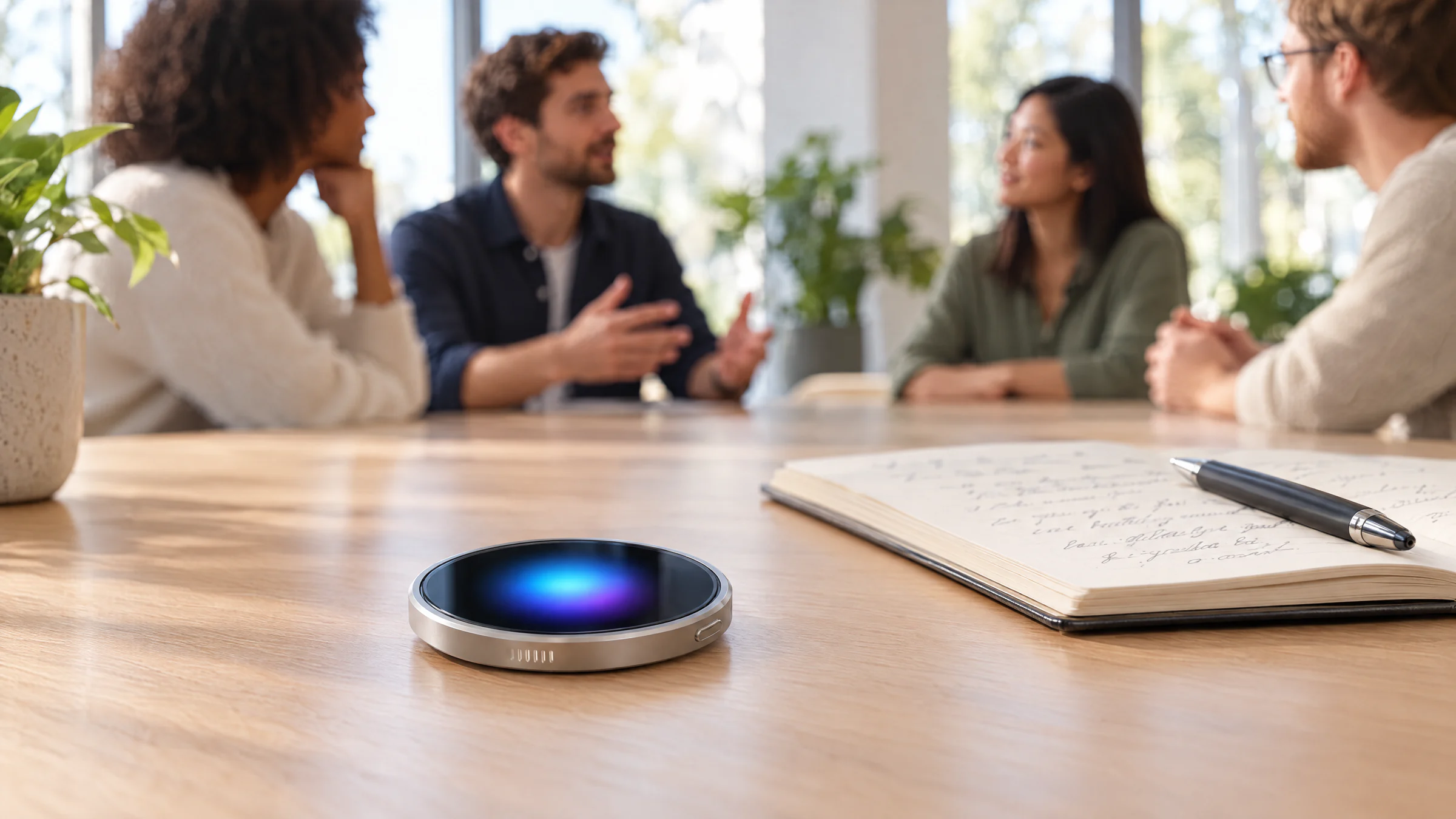 metaterrAI One recording on a meeting-room table while a team talks around it