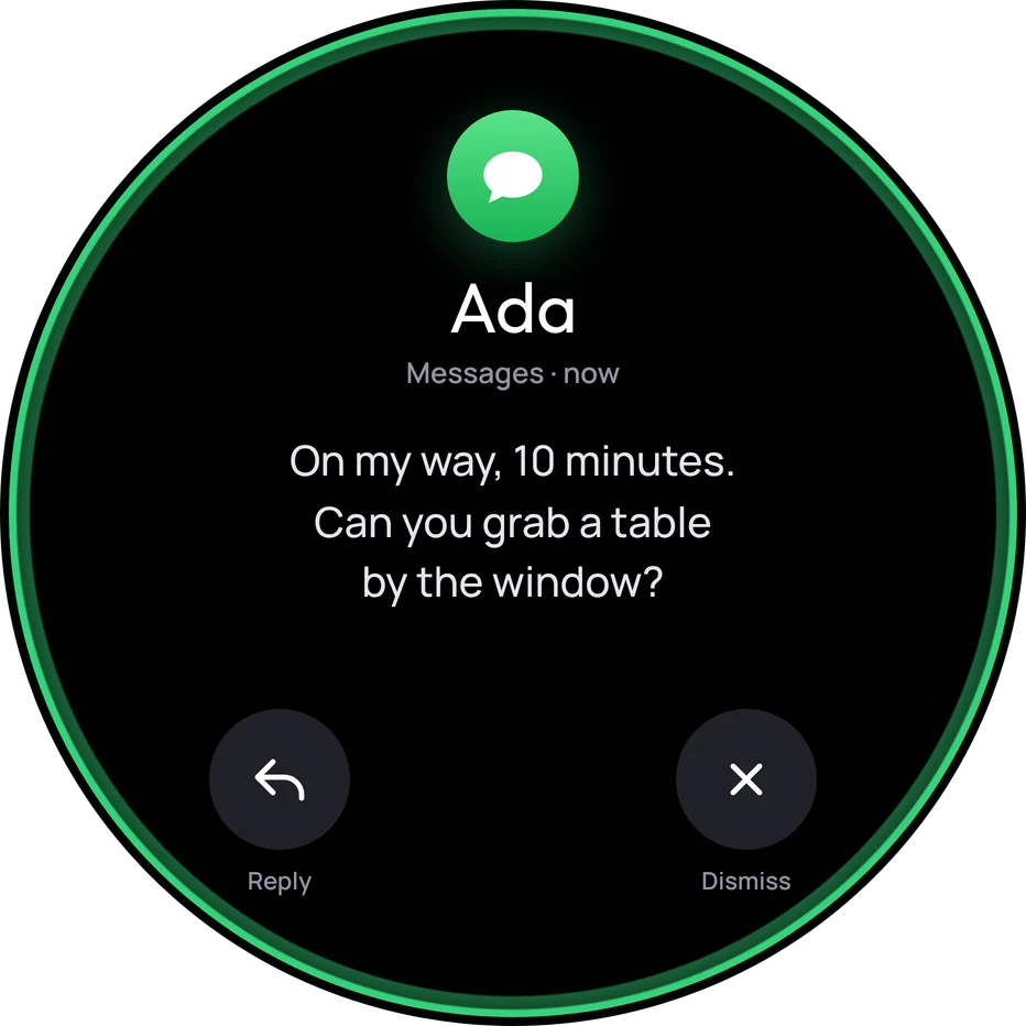 A message notification with reply and dismiss buttons